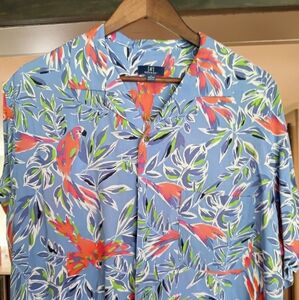 Hawaiian shirt, blue with orange and red birds, mens L, George brand